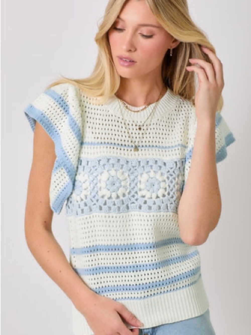 Mystree Fluttering Sleeve Crochet Sweater Top in Ivory/Powder Blue